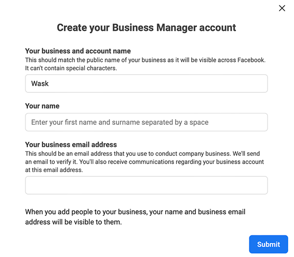 Create a new business account