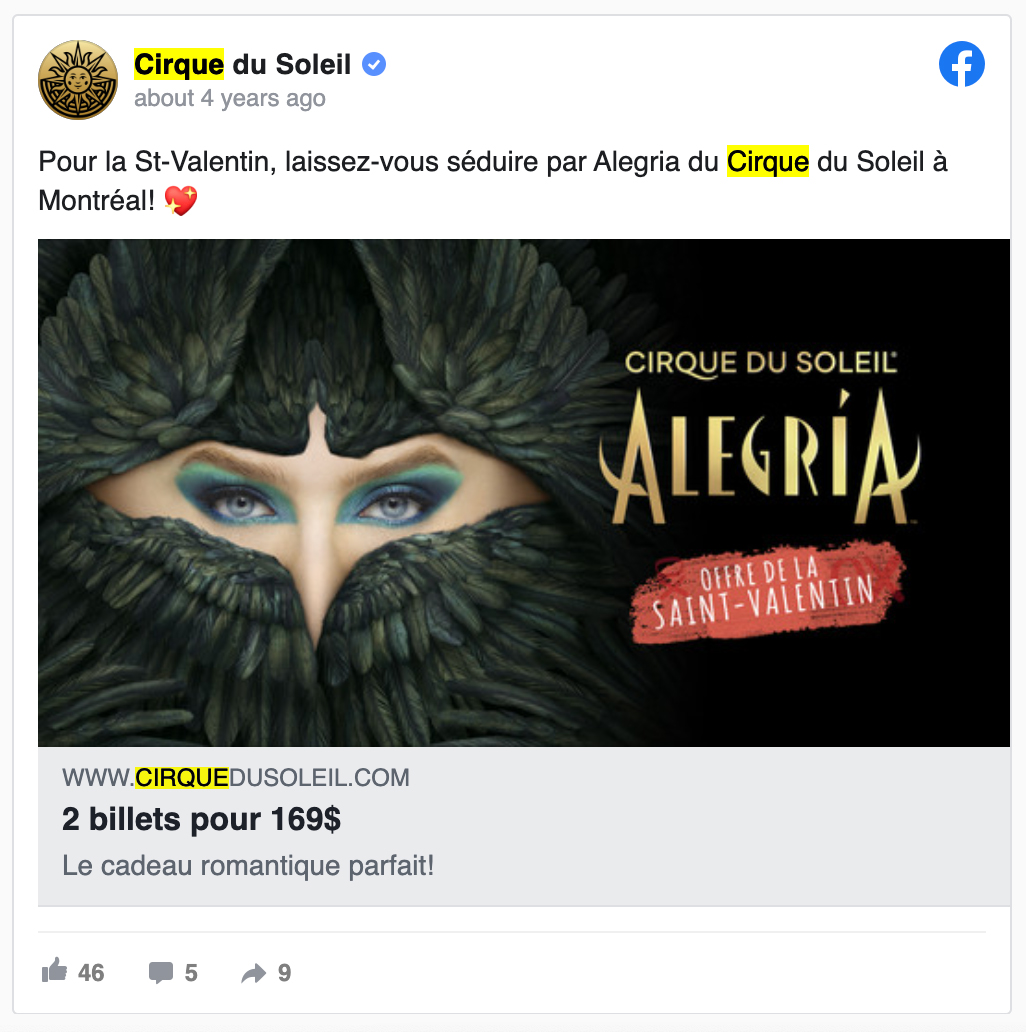 Cirque du Soleil Facebook Offer Ads examples