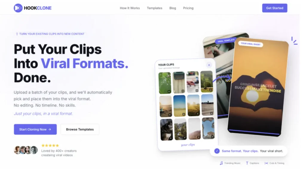 HookClone viral video tool for applying proven hook formats, captions, cuts, and timing to your own short-form footage.