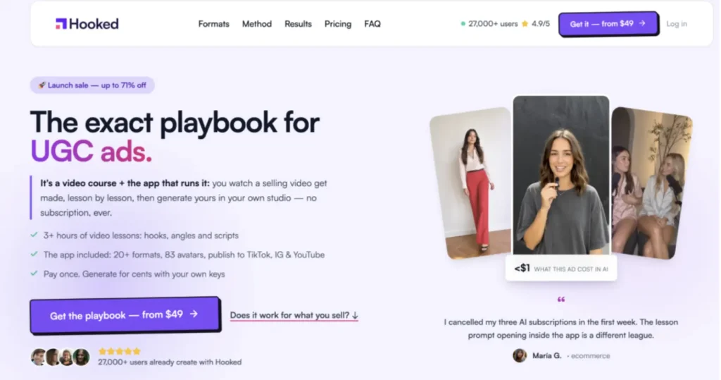 Hooked AI UGC platform for turning hook ideas into scripts, creator-style ads, and short-form videos ready for testing.