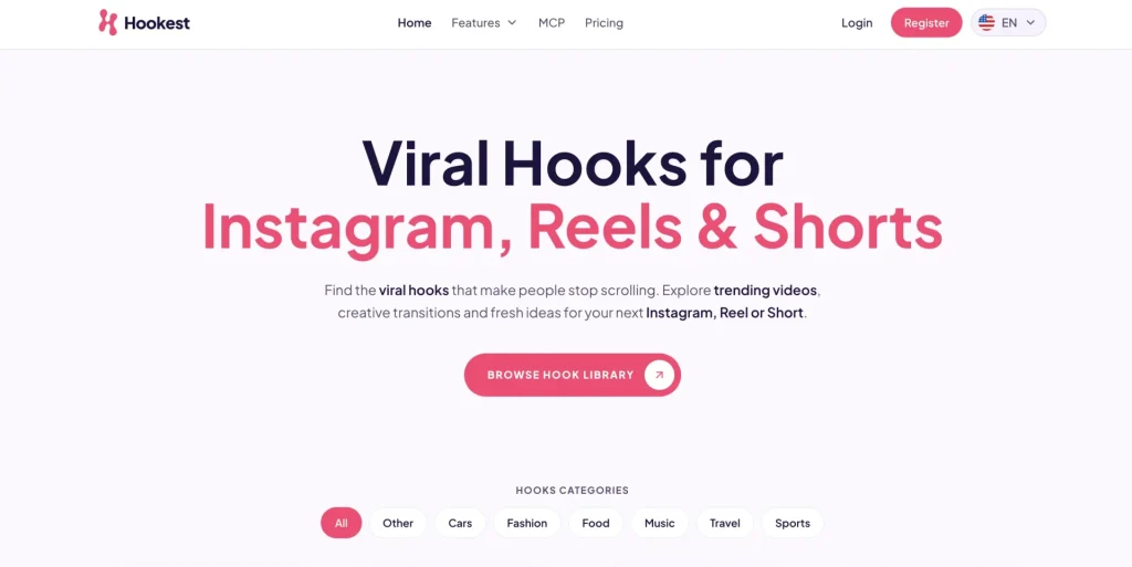 Hookest viral hooks library for finding TikTok, Reels, and Shorts ideas, trend signals, and high-performing hook patterns.