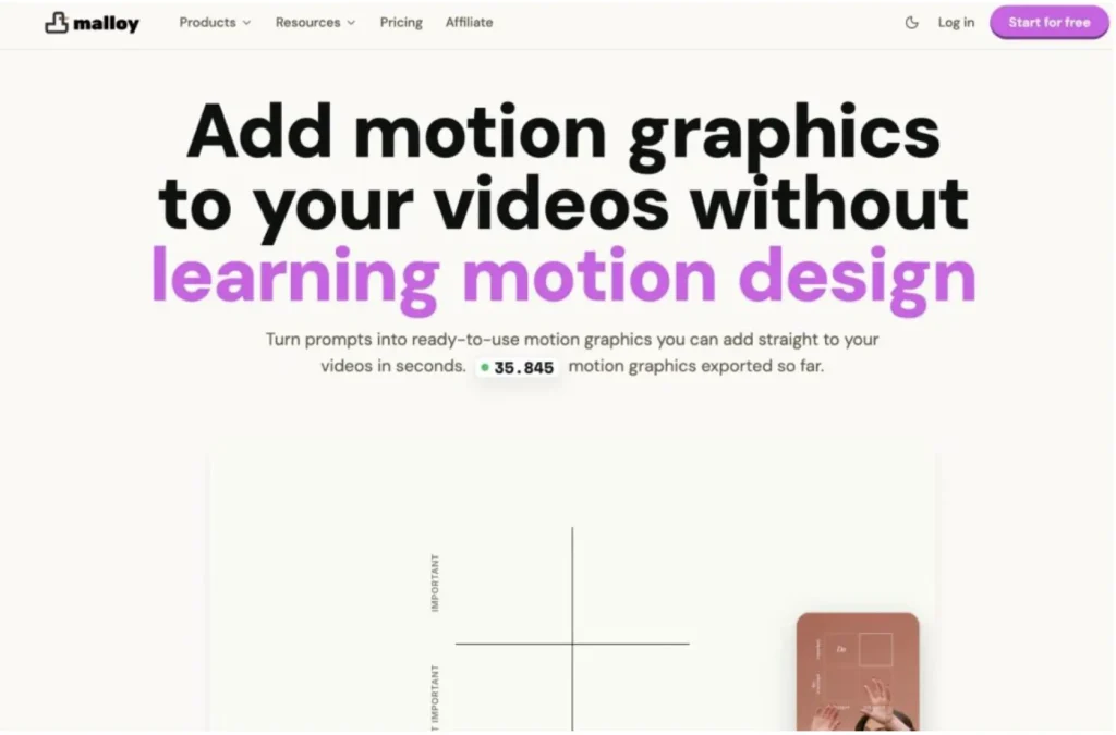 Malloy AI motion graphics tool for creating original visual hooks, transitions, and branded short-form video assets.