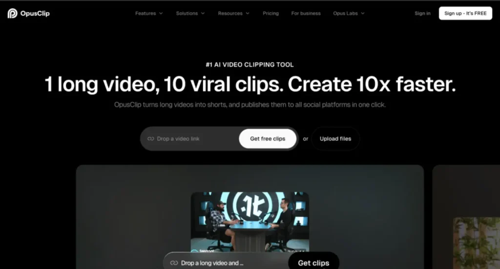 OpusClip AI video tool for turning long-form content into TikToks, Reels, and Shorts with strong hooks and viral clip scoring.