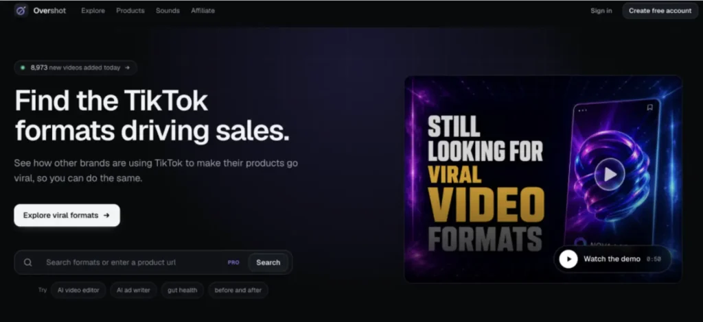 Overshot trend platform for finding breakout TikTok formats, viral hooks, and product-focused short-form content ideas.
