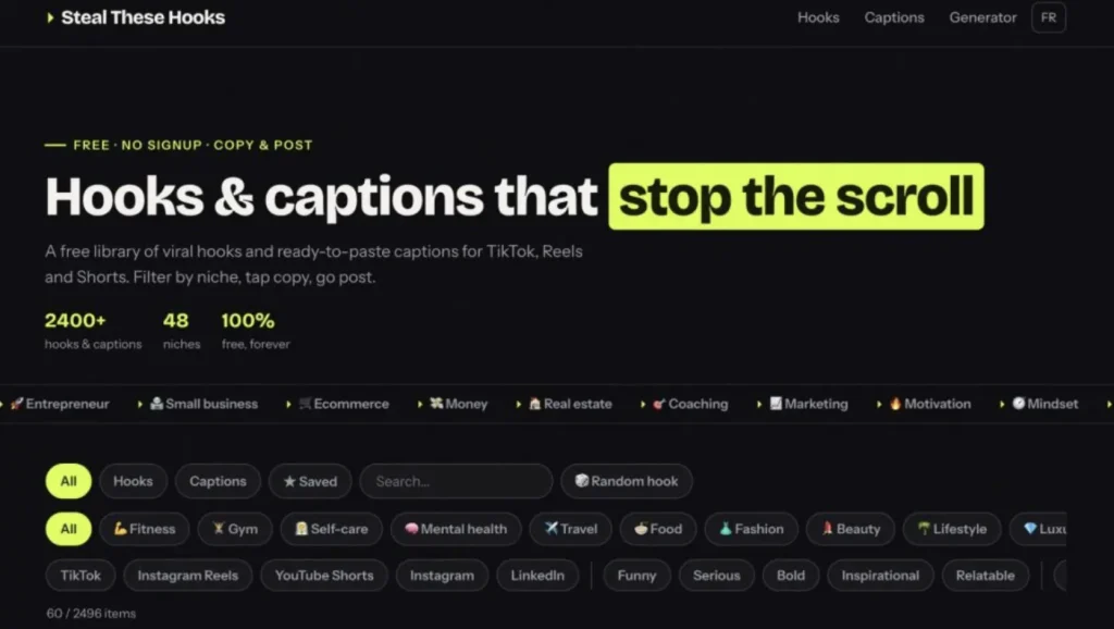 Steal These Hooks library with thousands of written hook ideas and captions for TikTok, Reels, Shorts, and social content.