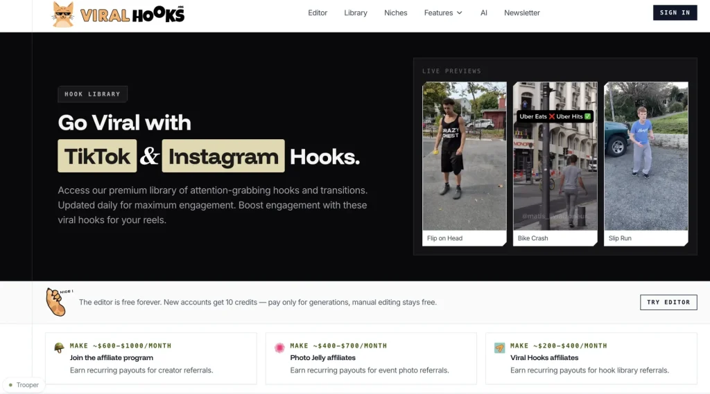 ViralHooks.org library for downloading viral hook videos and finding ready-to-use openings for TikTok, Reels, and Shorts.
