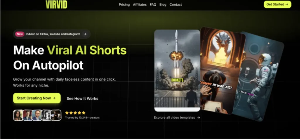 Virvid AI Shorts generator for turning hook ideas into faceless TikTok, Instagram Reels, and YouTube Shorts at scale.